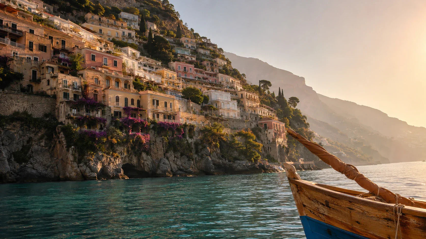 Italian coast pastel houses cascading down cliff to Mediterranean sea — traditional Amalfi gozzo wooden boat prow in foreground at golden hour