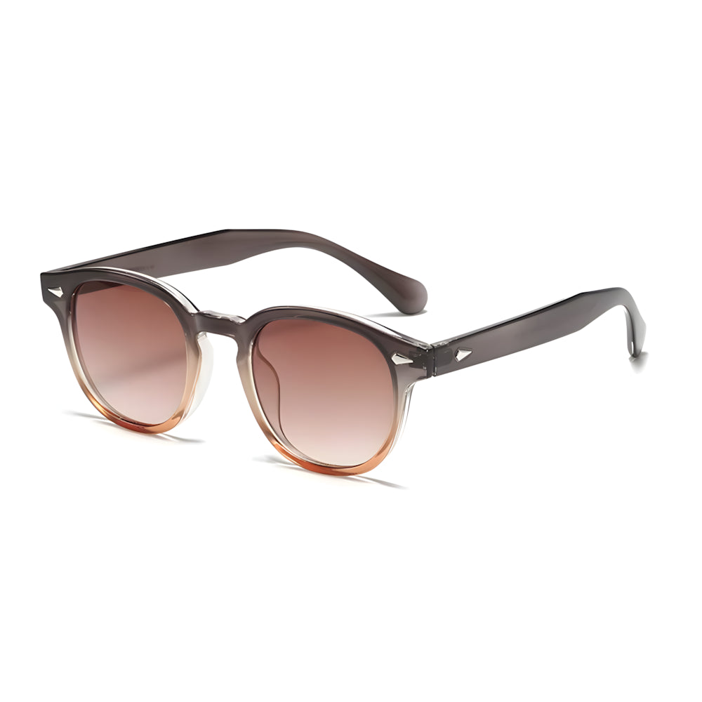 Small round sunglasses with champagne frame and gradient lenses, side angle — HARO Antibes 1923