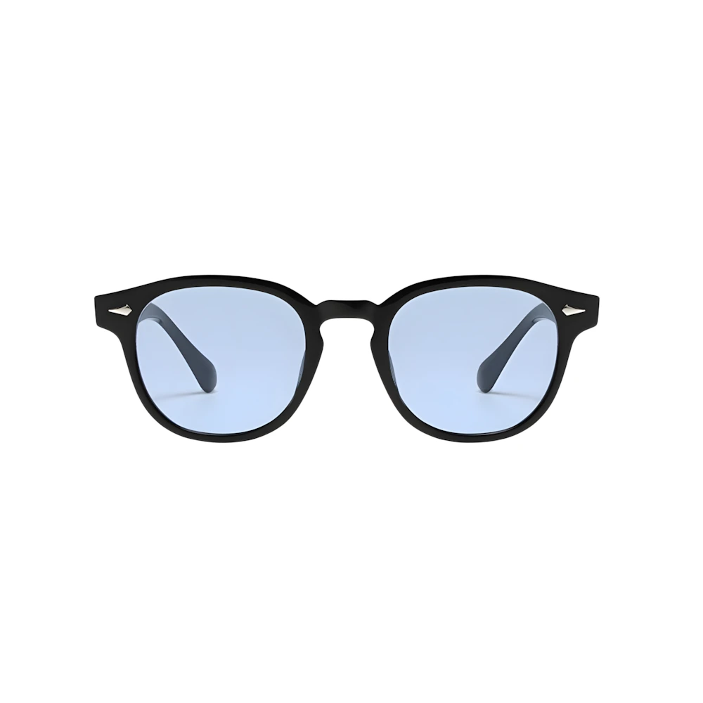 Small round acetate sunglasses with black frame and blue polarized lenses, front view — HARO Antibes 1923