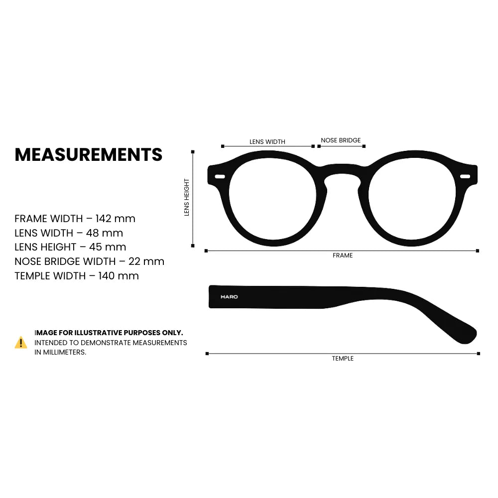Blue-light glasses measurements: frame width 142mm, lens width 48mm, lens height 45mm, nose bridge 22mm, temple length 140mm — HARO Chamonix Mont Blanc
