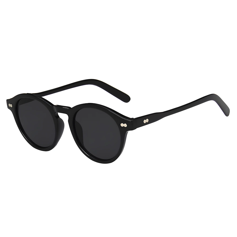 Round sunglasses with black frame and black lenses, side angle — HARO Bordighera Liguria