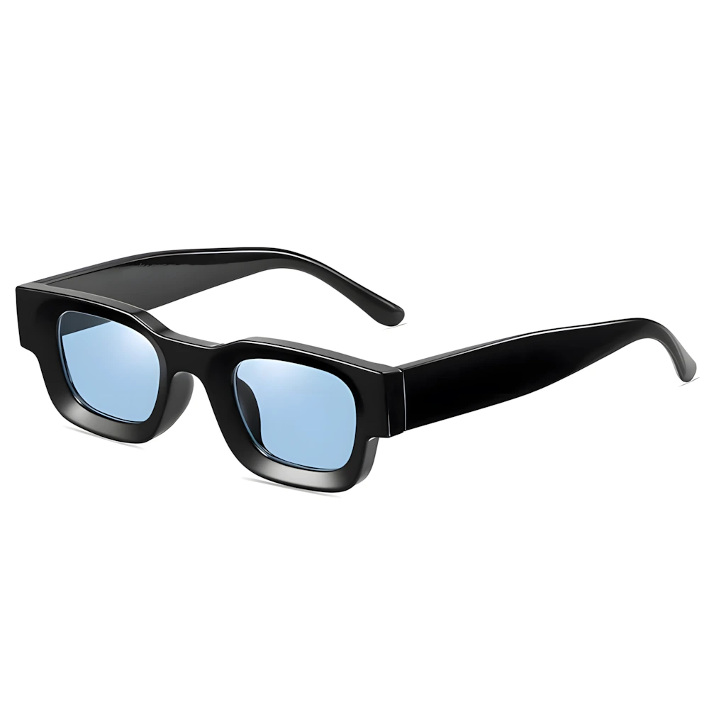 Rectangular acetate sunglasses with black frame and blue lenses, side angle — HARO Côte d'Azur Menton