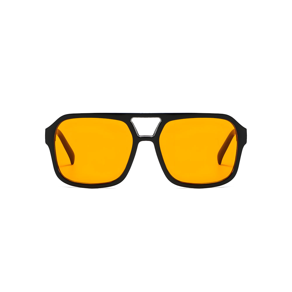 Square aviator sunglasses with black frame and orange polarized lenses, front view — HARO Monte Carlo 1929