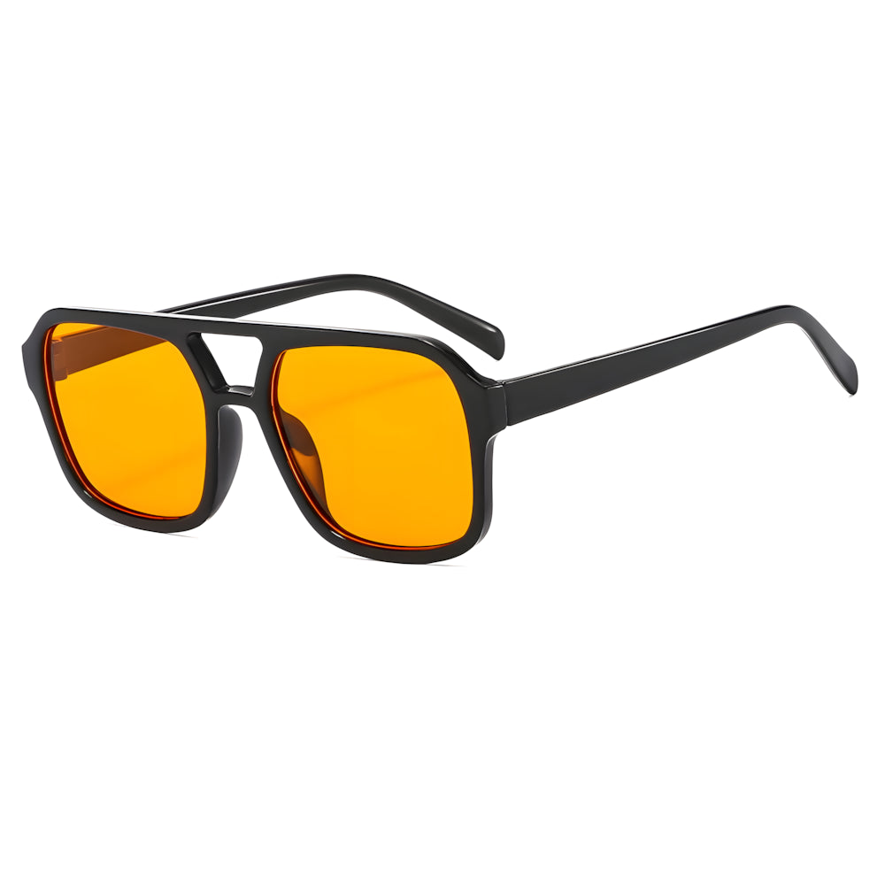 Square aviator sunglasses with black frame and orange polarized lenses, side angle — HARO Monte Carlo 1929