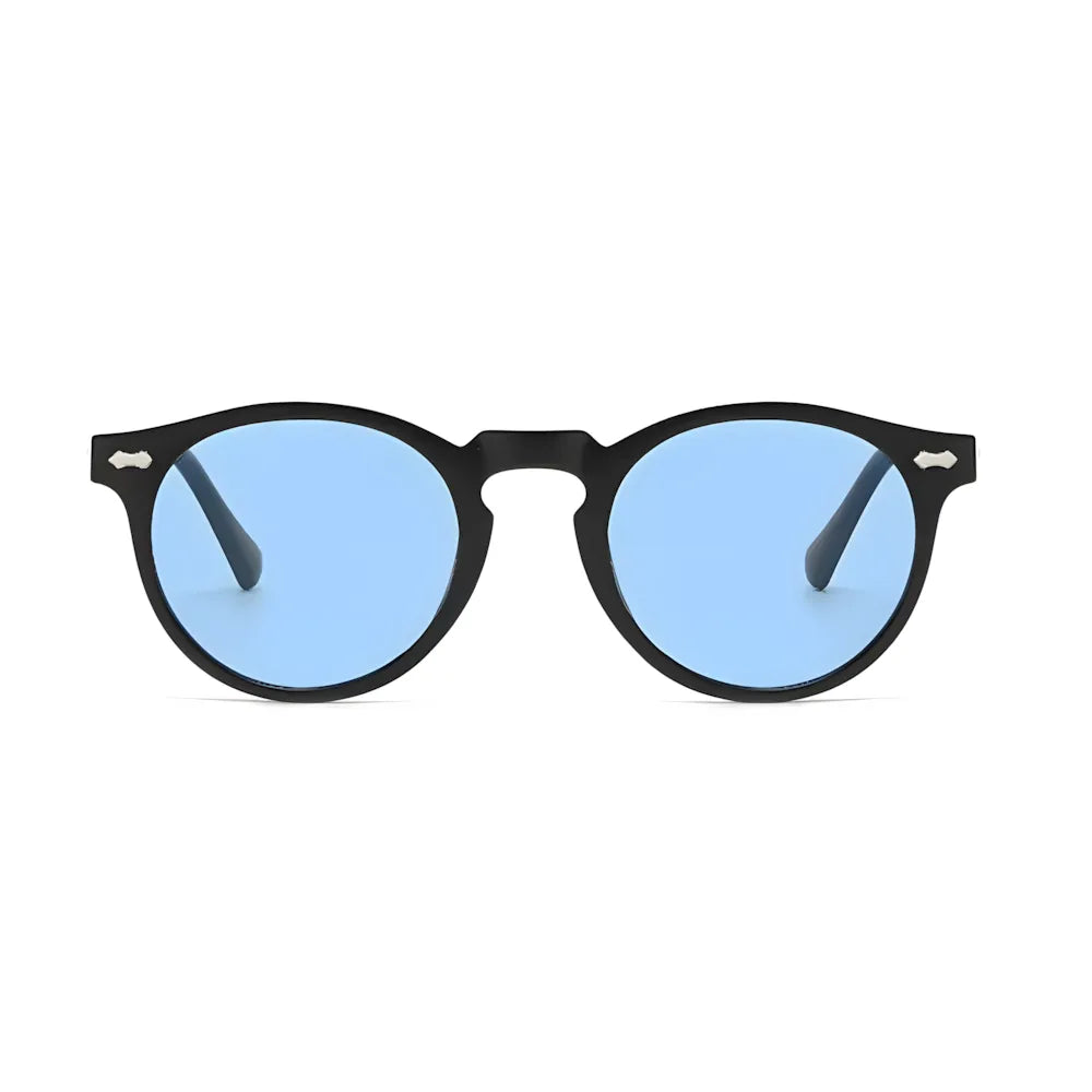 Vintage round sunglasses with black frame and blue polarized lenses, front view — HARO Ravello Infinity
