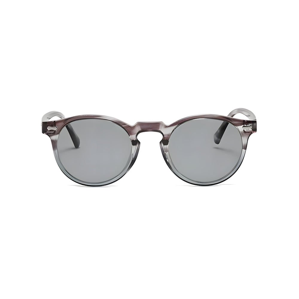Vintage round acetate sunglasses with translucent gray frame and smoky polarized lenses, front view — HARO Ravello Infinity