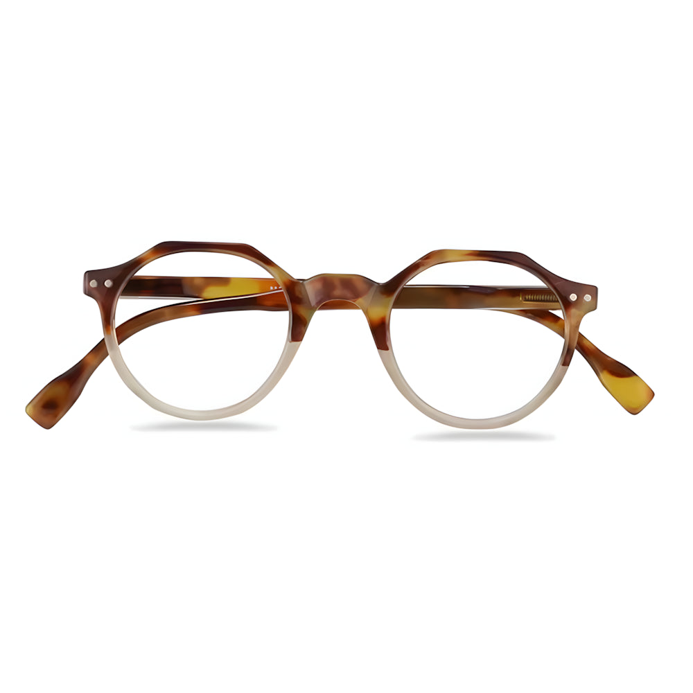 Round blue-light glasses with tortoise frame and gradient lenses, front view — HARO Sils Maria