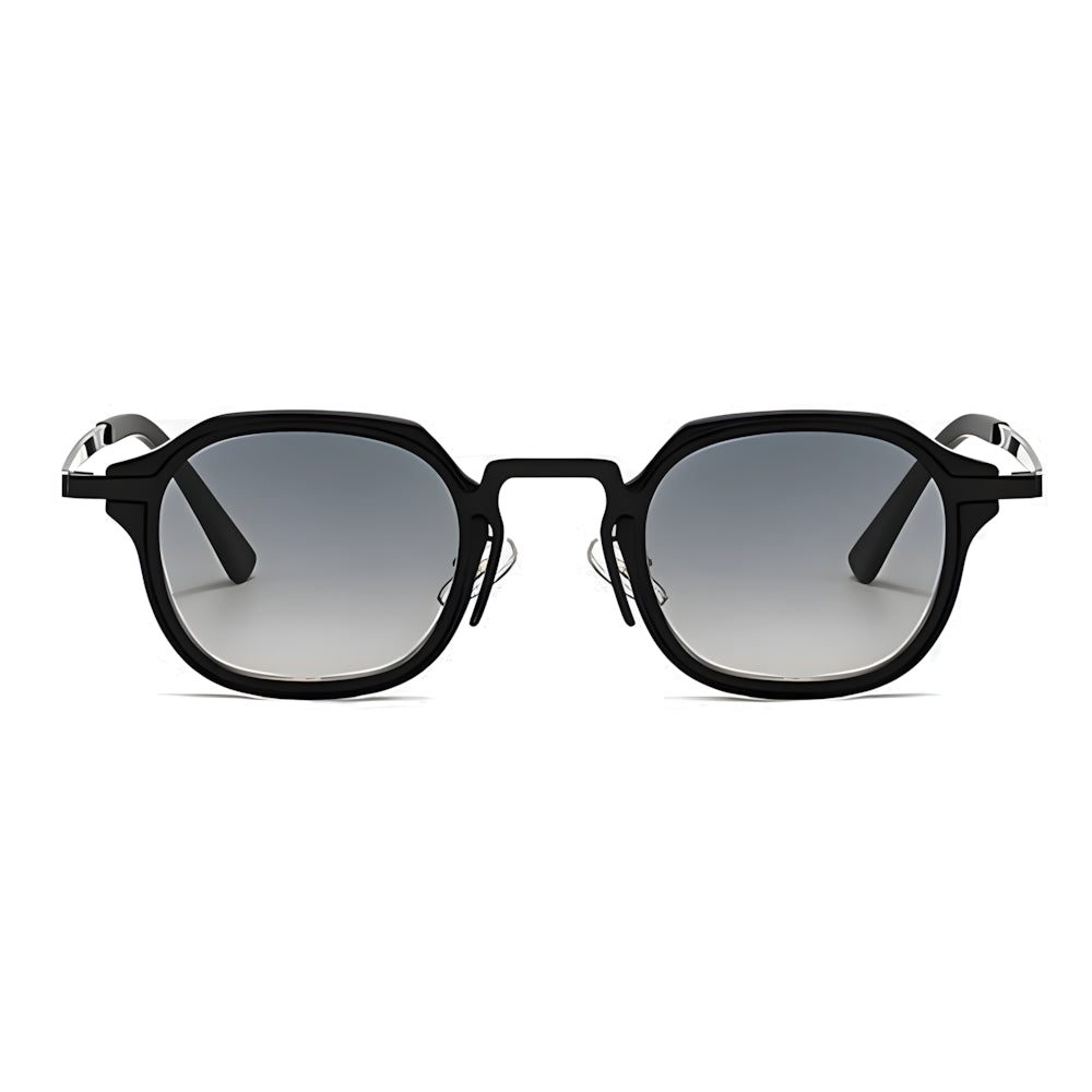 Small round metal sunglasses with black frame and blue gradient lenses, front view — HARO St. Tropez '56