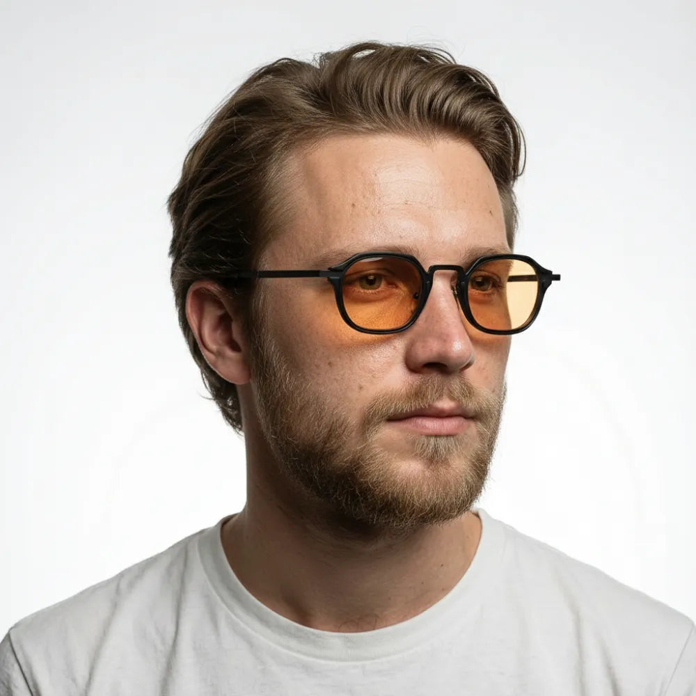 Round metal sunglasses, model portrait — HARO St. Tropez '56