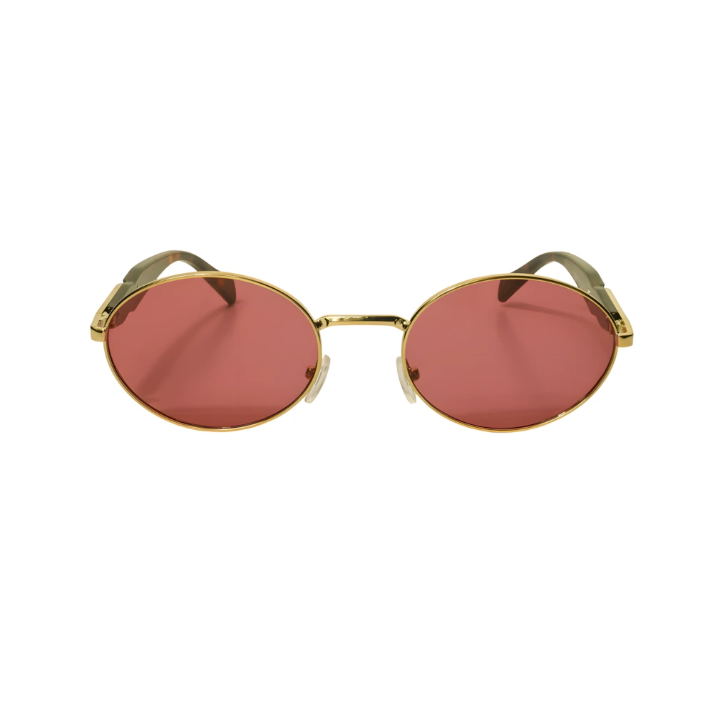 Round sunglasses with double bridge, gold frame and pink polarized lenses, front view — HARO Villefranche Rade